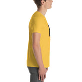 Mustard gold unisex short-sleeve T-shirt, side view, small square chest graphic