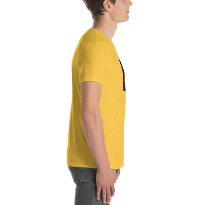 Unisex short-sleeve T-shirt, yellow—side view showing partial chest graphic