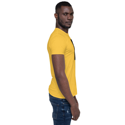 Unisex short-sleeve T-shirt, yellow, side view of the front graphic area