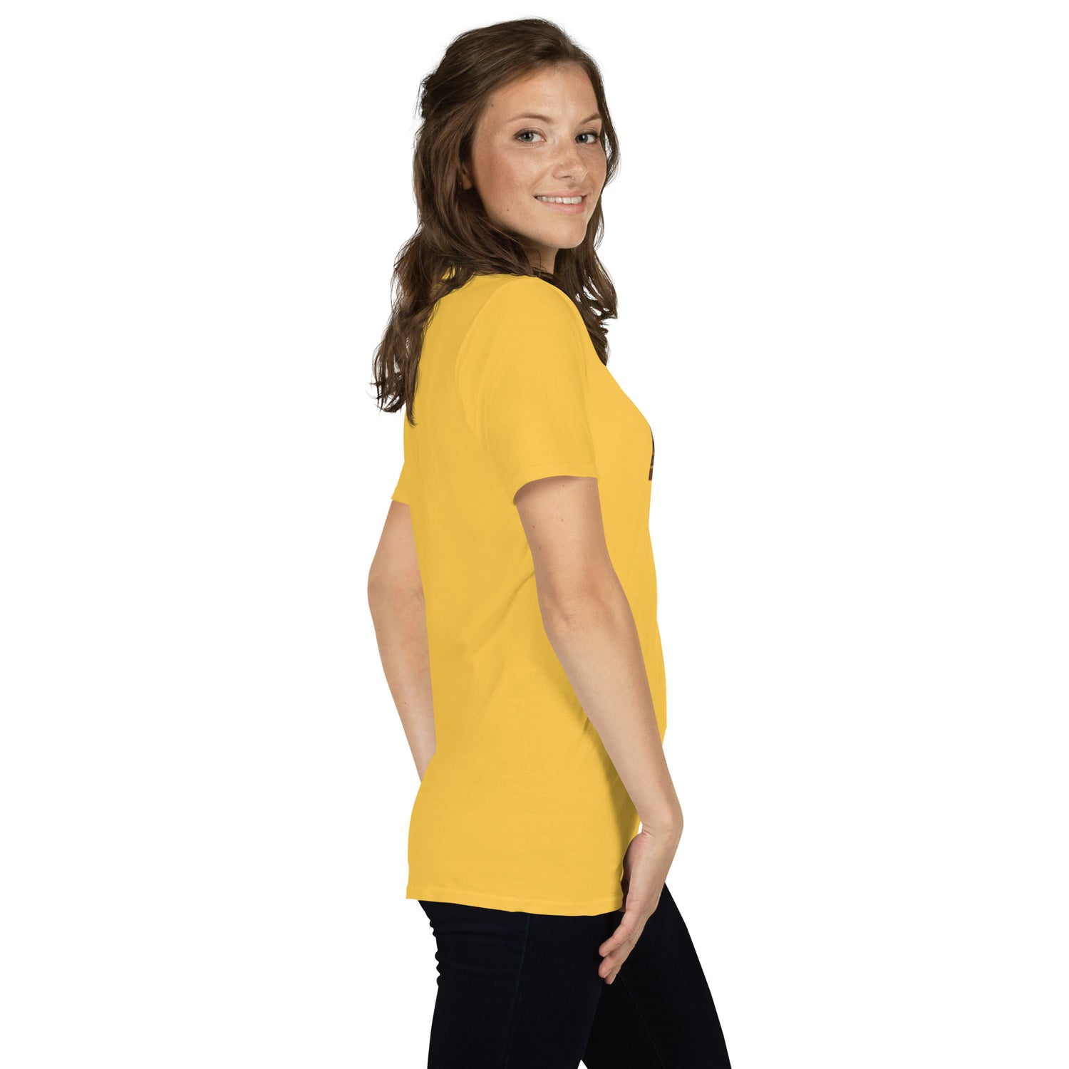 Yellow unisex T-shirt, angled side view