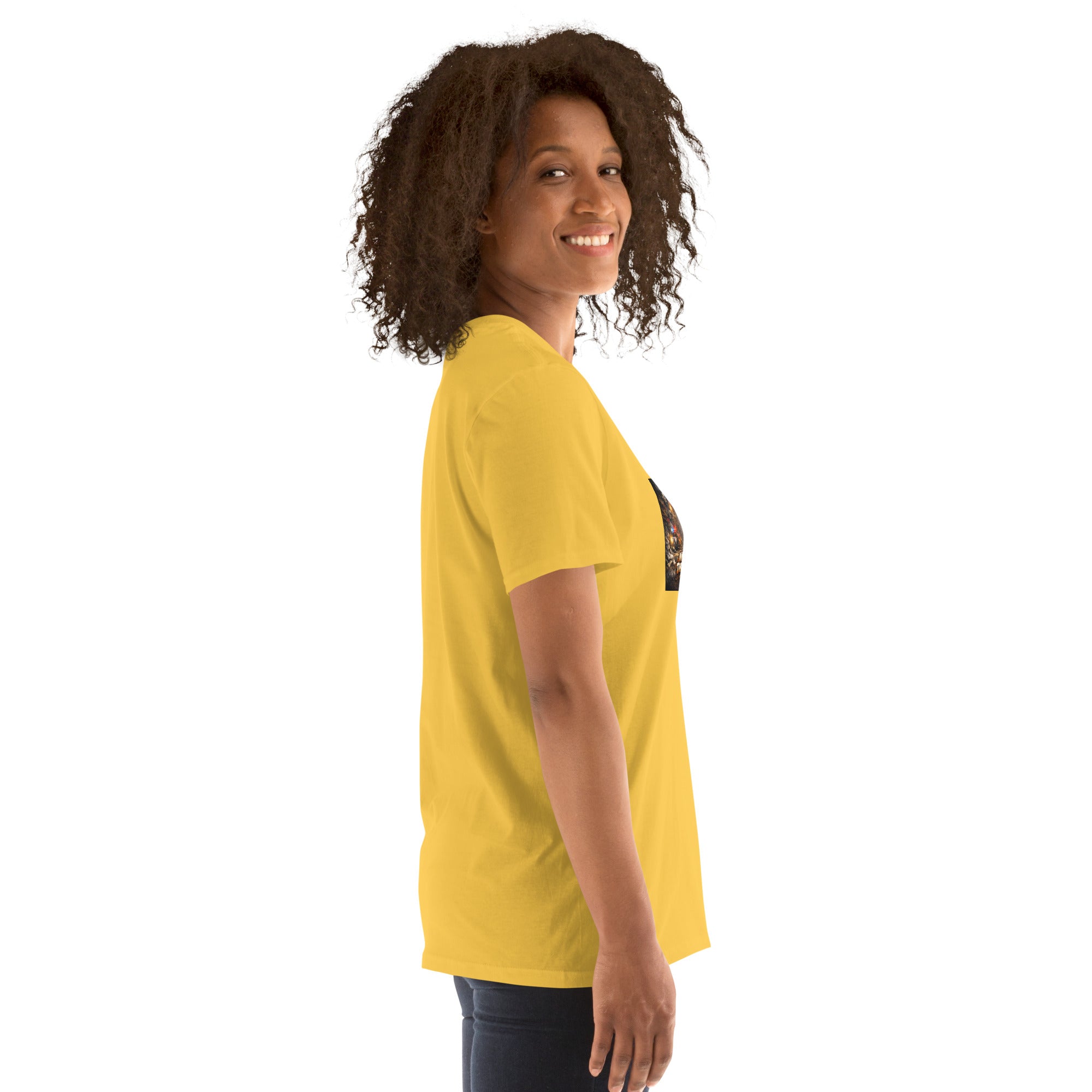Daisy yellow T-shirt side profile; crew neck and short sleeves.