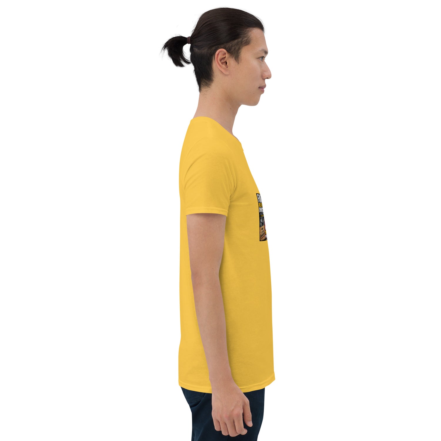 Unisex short-sleeve t-shirt, yellow, side view, graphic on sleeve