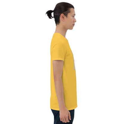 Unisex graphic tee in yellow, side view showing front square graphic print
