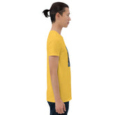 Yellow graphic T-shirt with square photo-style print, crew neck, short sleeves, side view