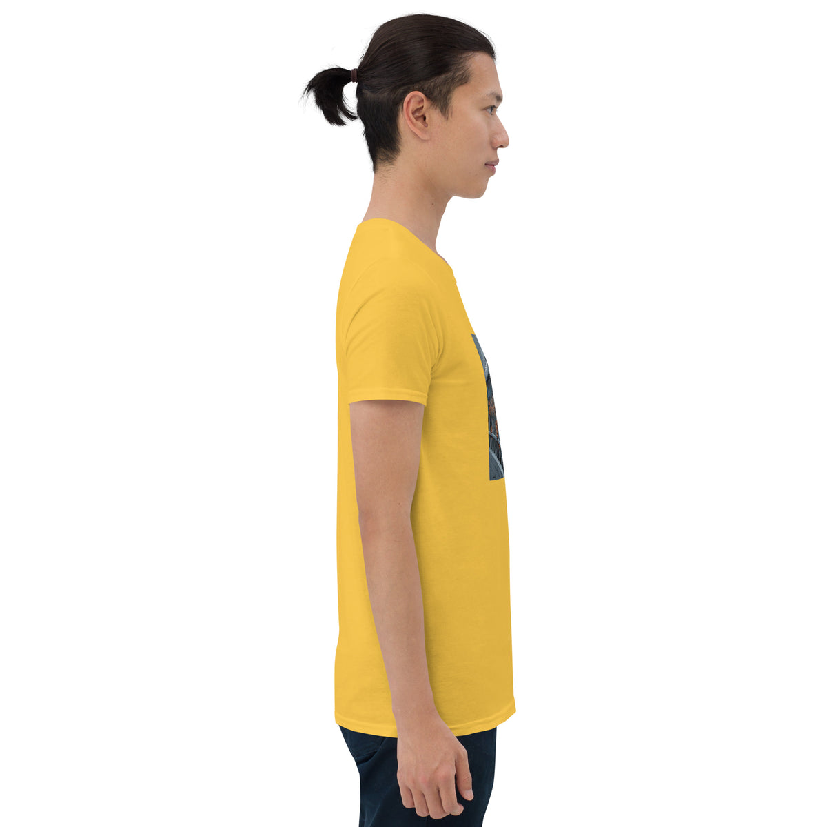 Yellow graphic T-shirt with square photo-style print, crew neck, short sleeves, side view