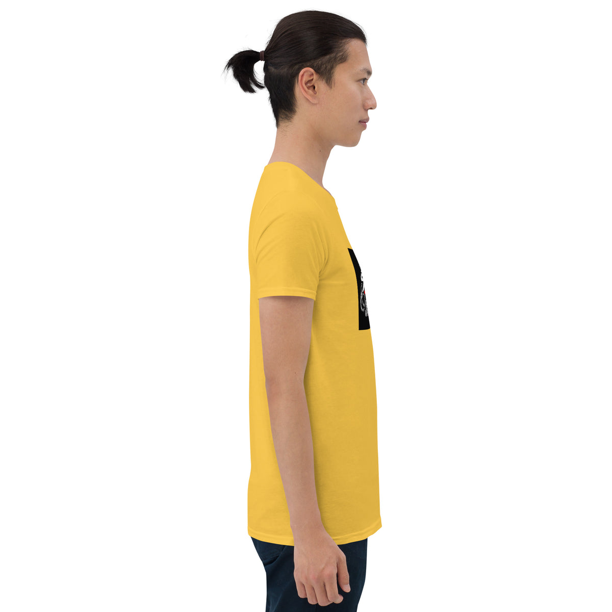 Unisex yellow crewneck short-sleeve T-shirt, side view with graphic panel on chest
