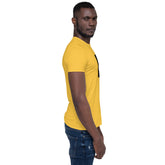 Unisex short-sleeve t-shirt, yellow with black graphic on chest, side view