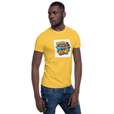 Unisex short-sleeve t-shirt in yellow, front graphic and crew neck