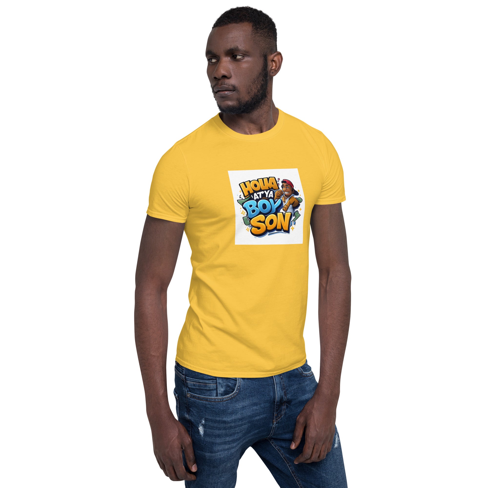 Holla At Ya Boy Son unisex T-shirt, gelb, Frontansicht mit großem Motivprint