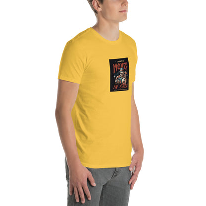Unisex short-sleeve T-shirt, yellow—close view of front square money graphic