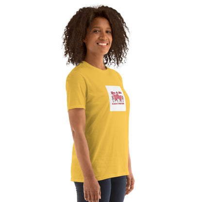 Daisy unisex T-shirt, front chest graphic with red and pink hearts.