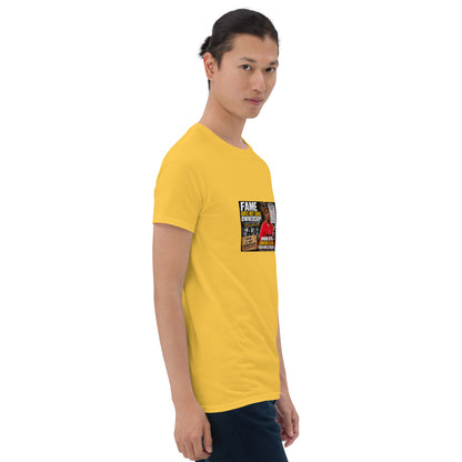 Unisex short-sleeve t-shirt, yellow, front view, square chest artwork