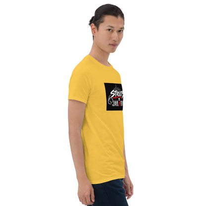 Unisex yellow crewneck short-sleeve T-shirt with Streets graphic in black square on chest