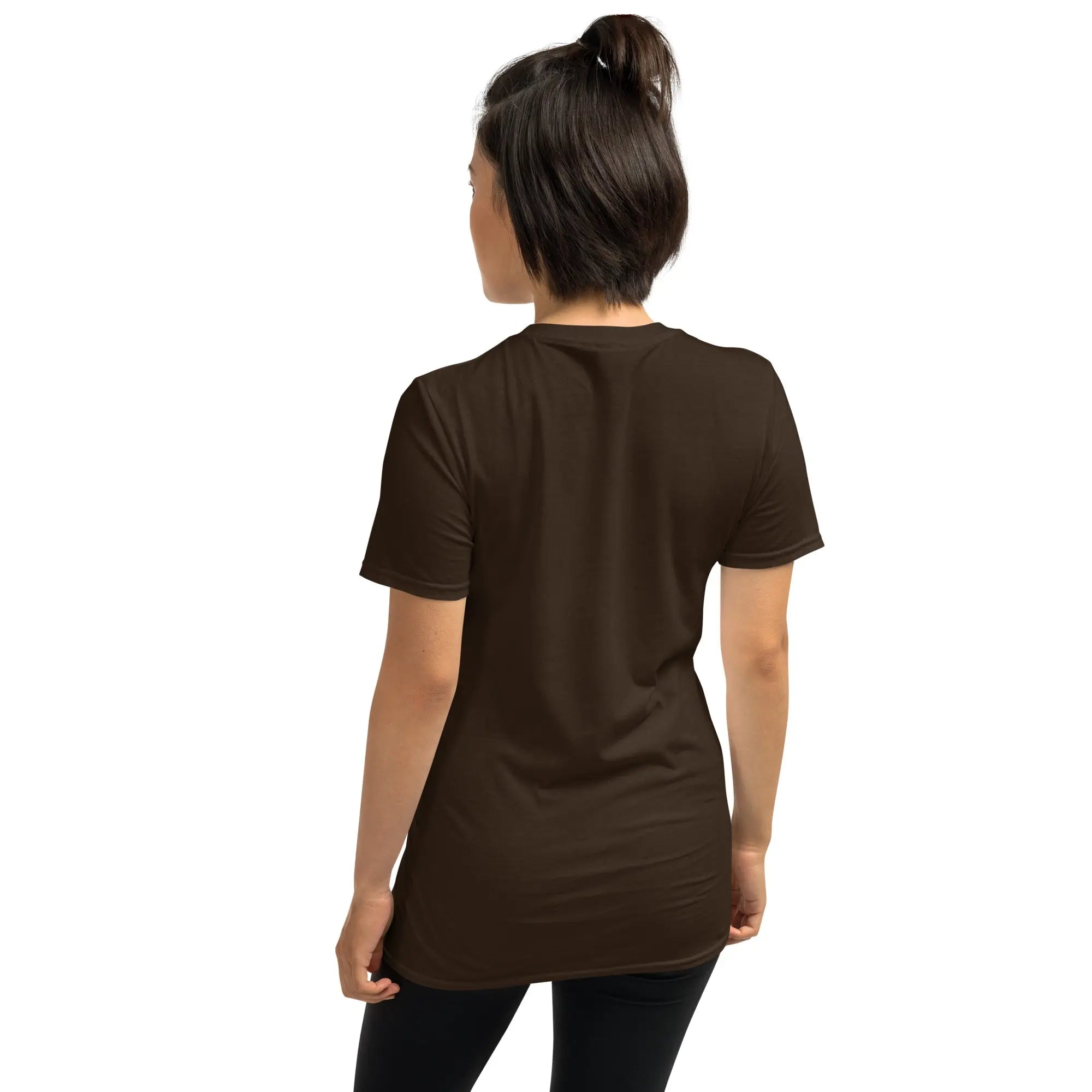 Back view of dark chocolate unisex T-shirt with crew neck