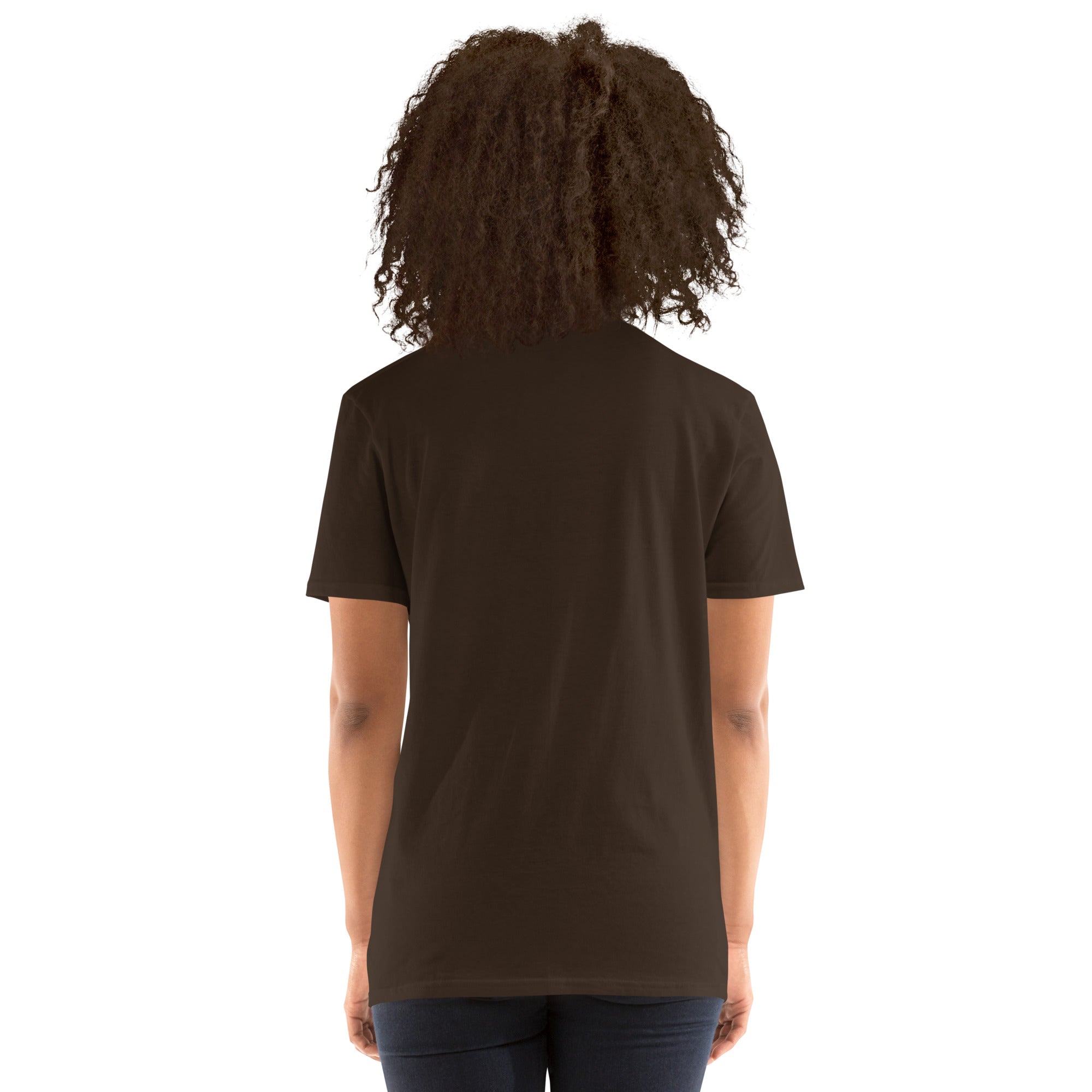 Dark chocolate T-shirt back view with short sleeves; no visible back graphic