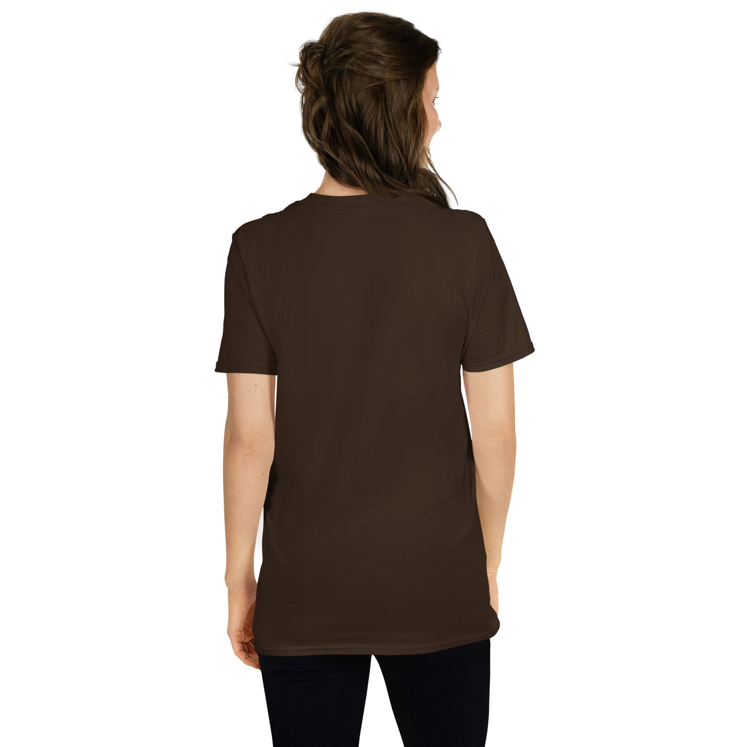 Dark chocolate unisex T-shirt back view, short sleeves, crew neckline