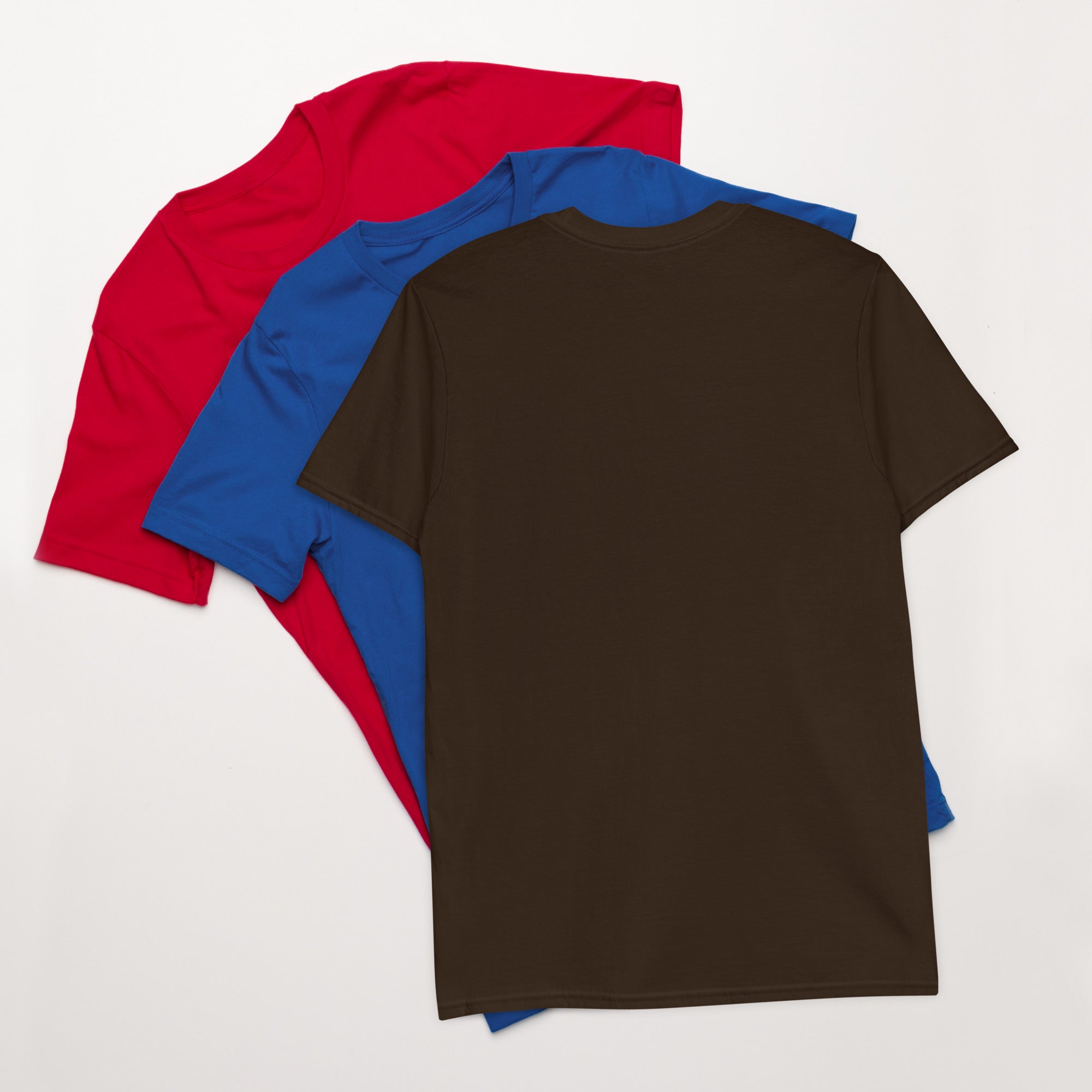 Unisex T-Shirts in Braun, Rot und Blau, Rückseite ohne sichtbares Motiv