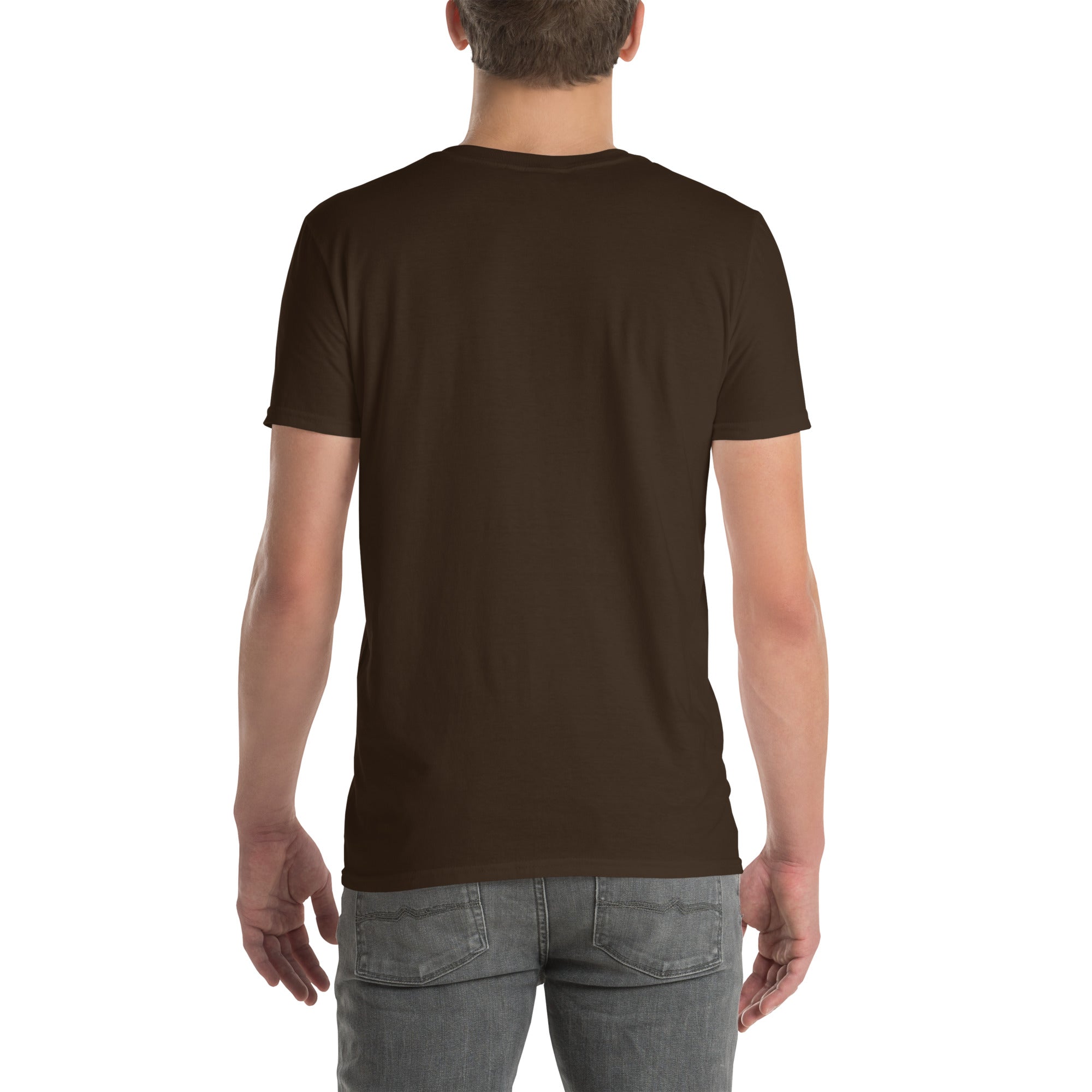 America Is A Scam T-shirt, dark chocolate, back view without graphic