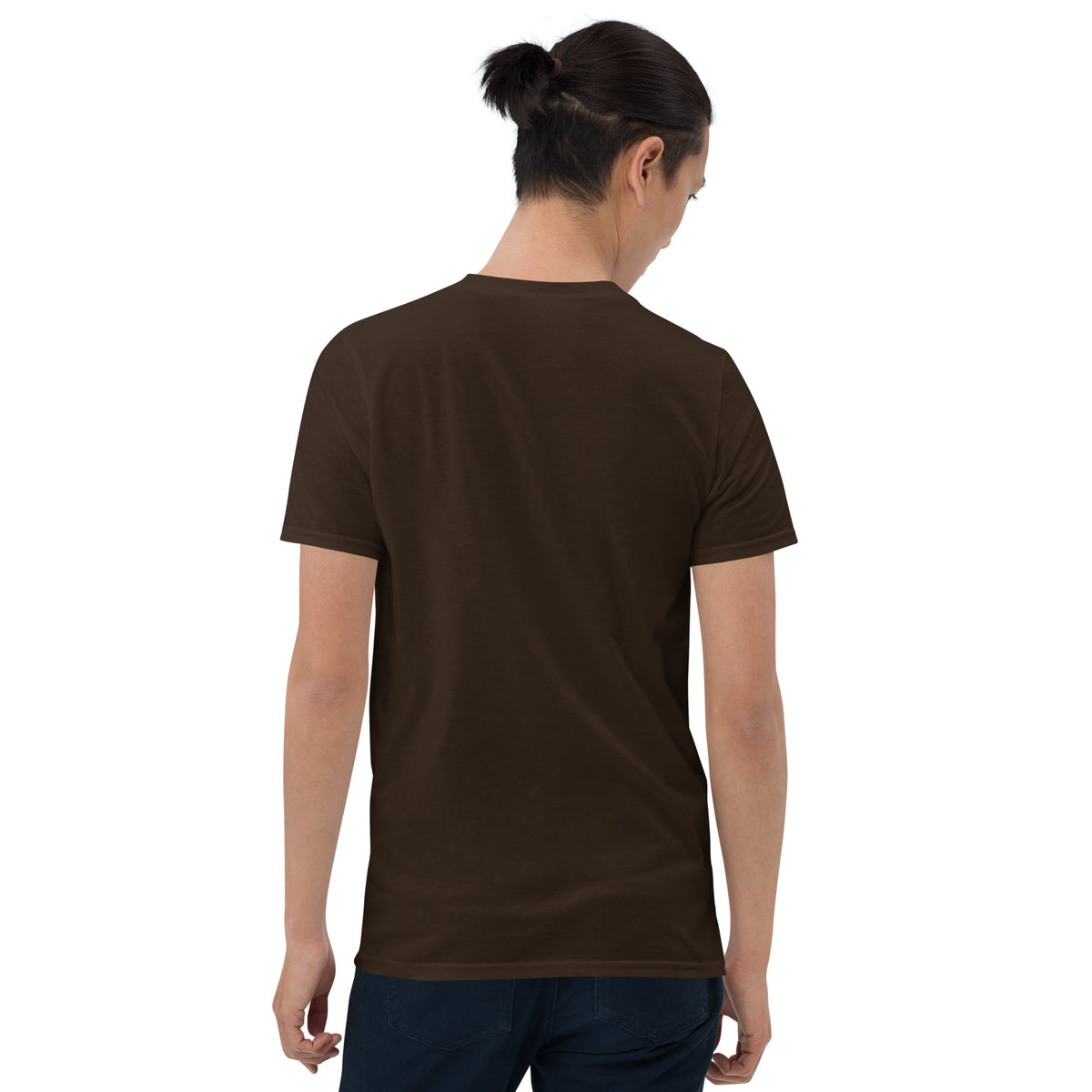 Unisex dark brown graphic tee, back view; crew neck with plain rear