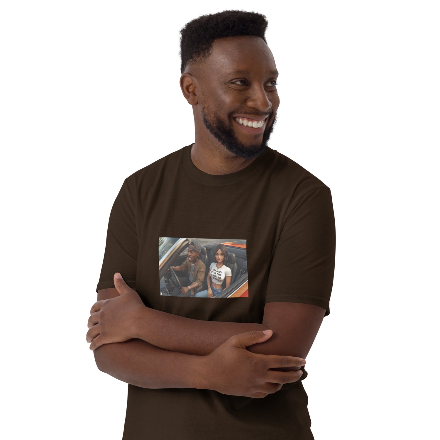 Braunes Unisex T-Shirt mit Frontdruck im rechteckigen Foto-Feld