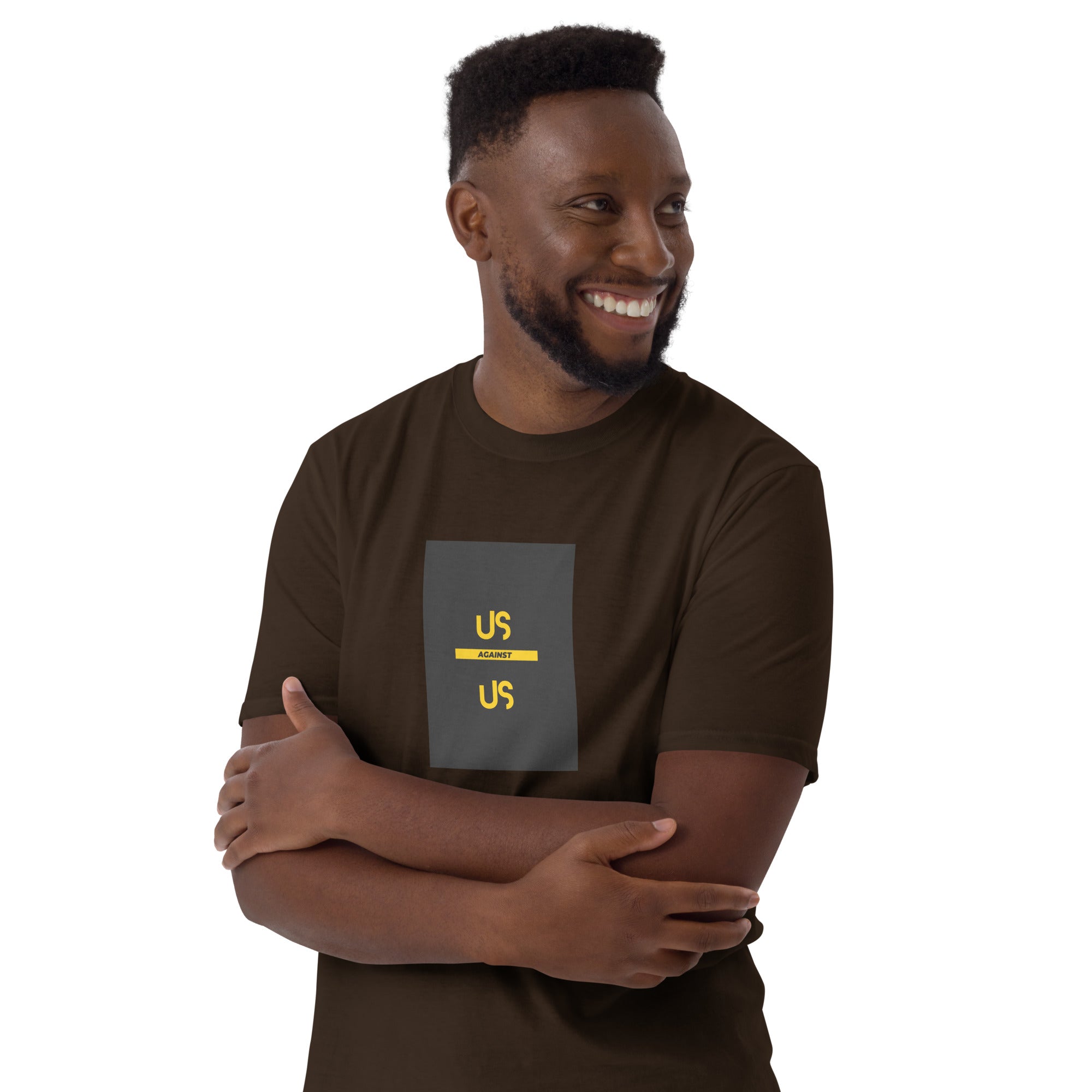 Dark brown unisex T-shirt, front “US against US” square print in yellow and white