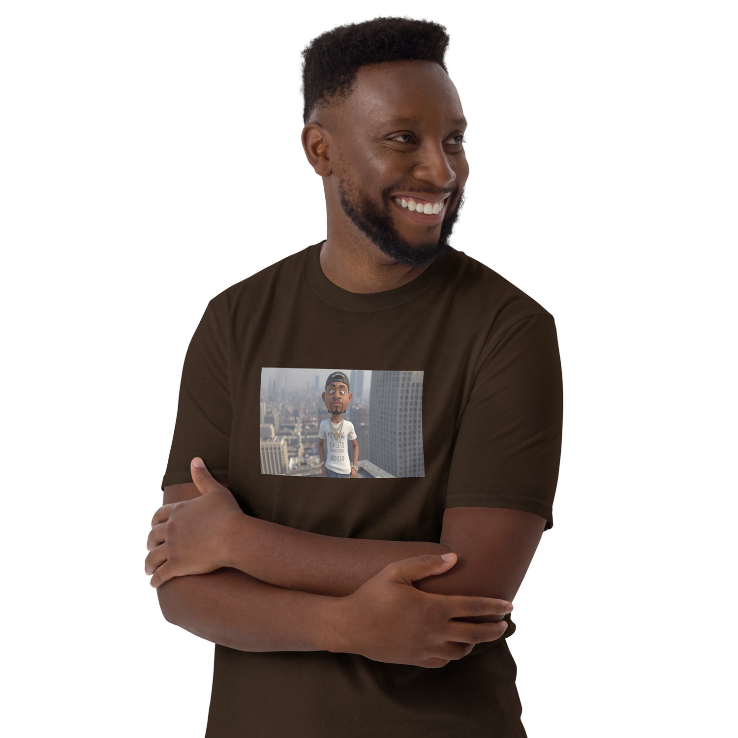 Unisex short-sleeve T-shirt (dark chocolate) with front photo graphic, side view