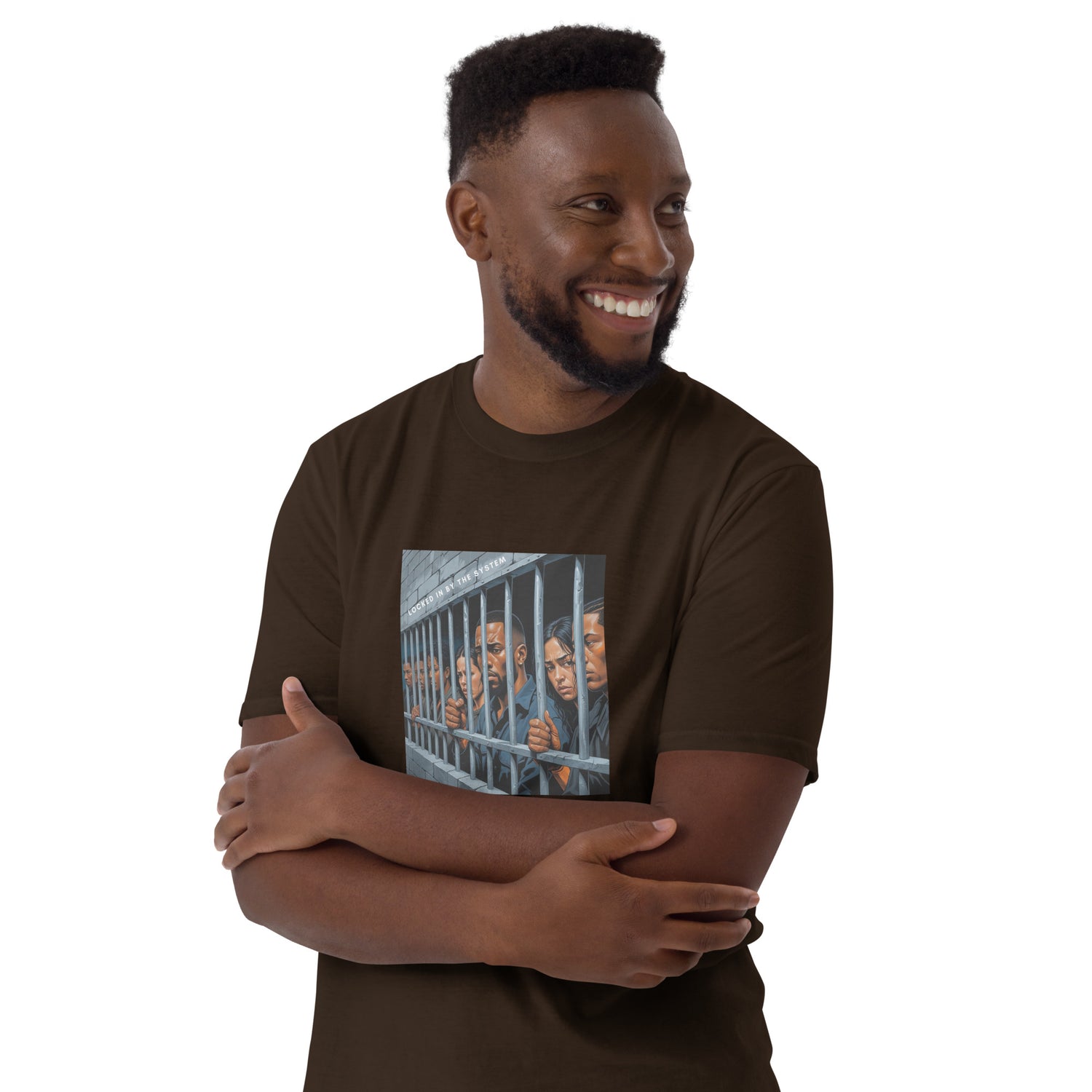 Dark chocolate unisex T-shirt, graphic on chest, arms crossed pose