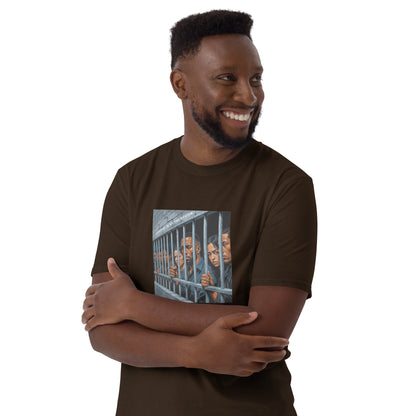 Dark chocolate unisex T-shirt, graphic on chest, arms crossed pose
