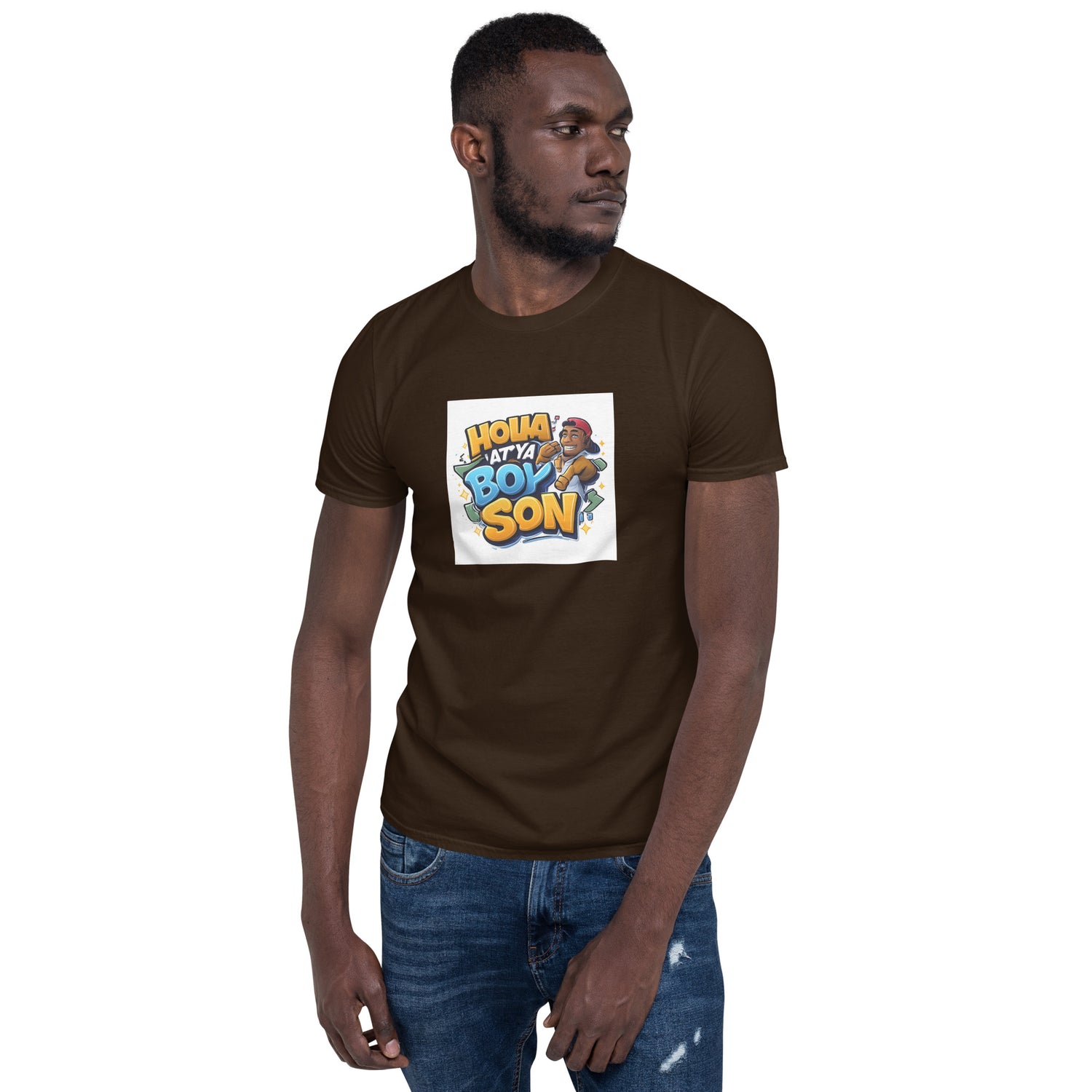 Dark chocolate unisex short-sleeve T-shirt with colorful “Holla at Ya Boy Son” front graphic
