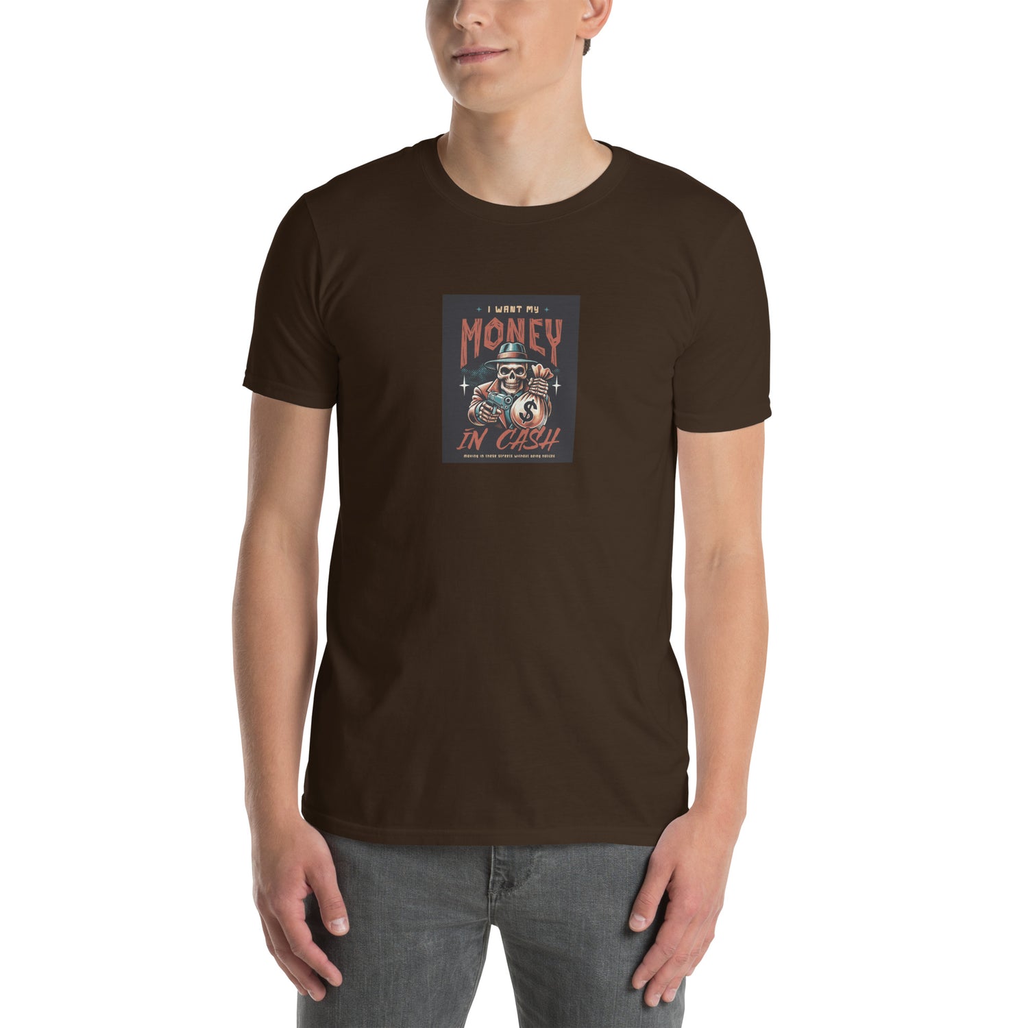 Move In Silence unisex T-Shirt in Dunkelbraun mit Frontmotiv „Money in Cash“.
