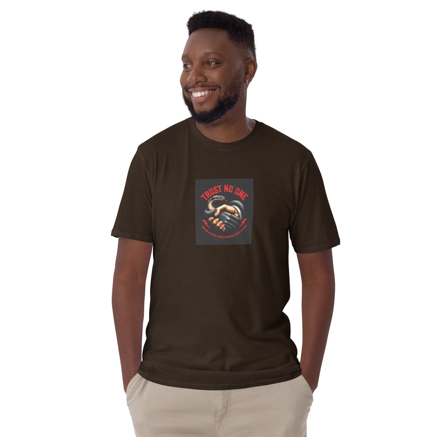 Unisex T-shirt, dark chocolate brown, short sleeves, front logo square print