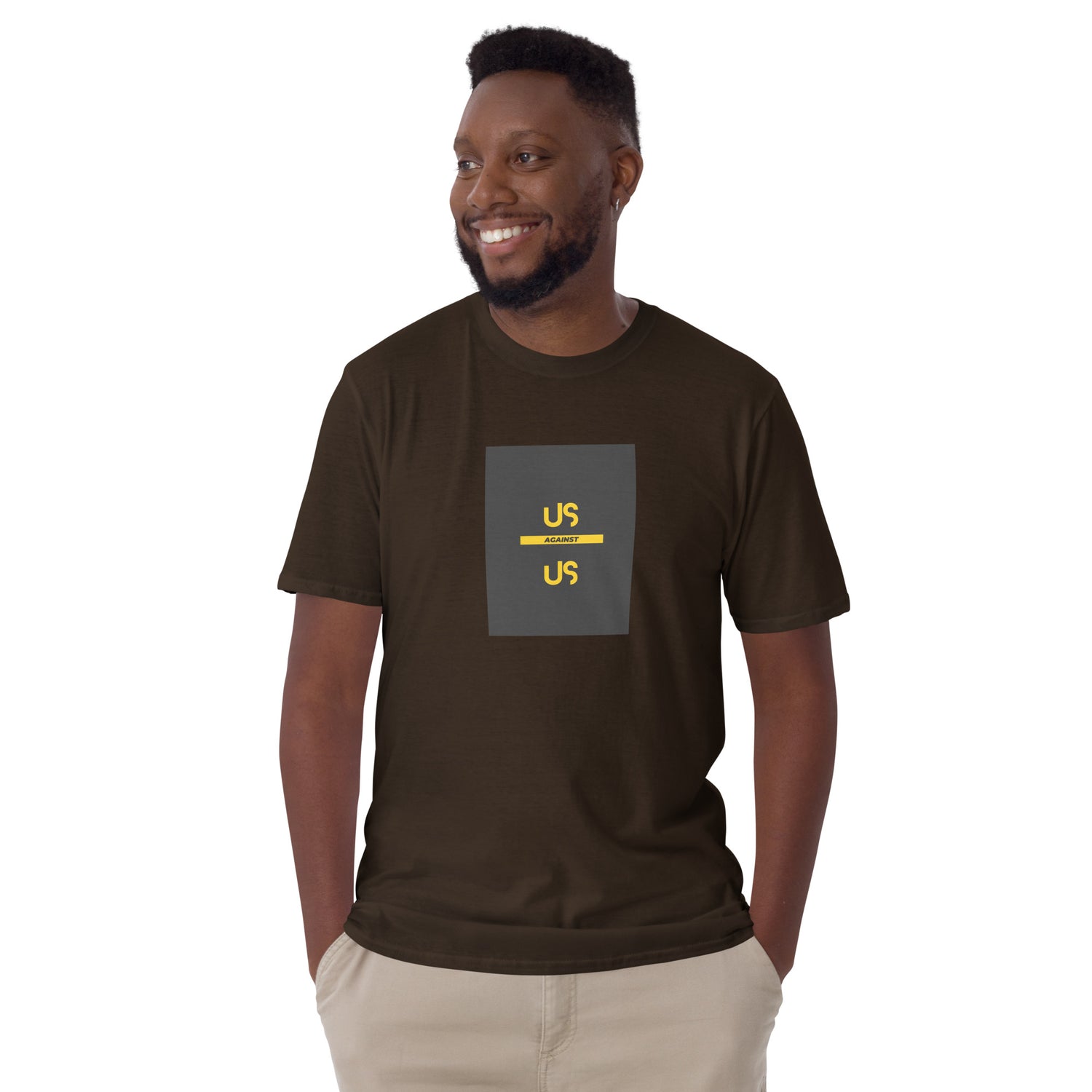 Dark brown unisex short-sleeve T-shirt with front square “US against US” graphic