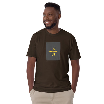 Dark brown unisex short-sleeve T-shirt with front square “US against US” graphic