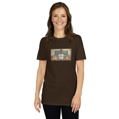 Dark chocolate unisex T-shirt with front graphic, short sleeves, crew neckline