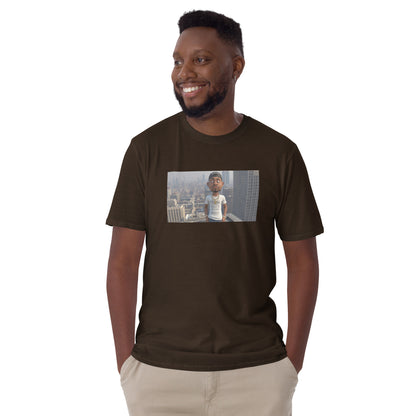 Unisex short-sleeve T-shirt (dark chocolate) with front photo graphic