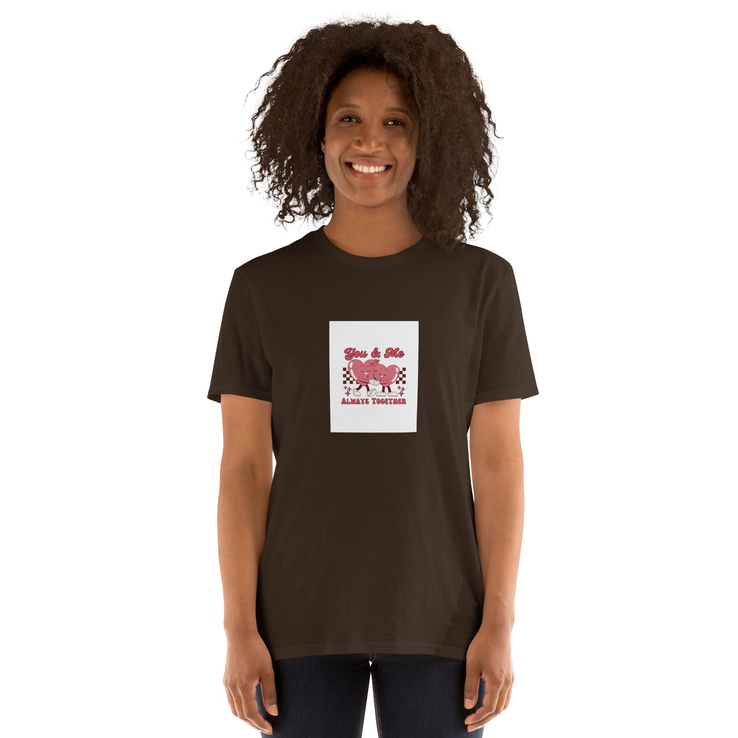 Dark chocolate unisex T-shirt with square heart couple print