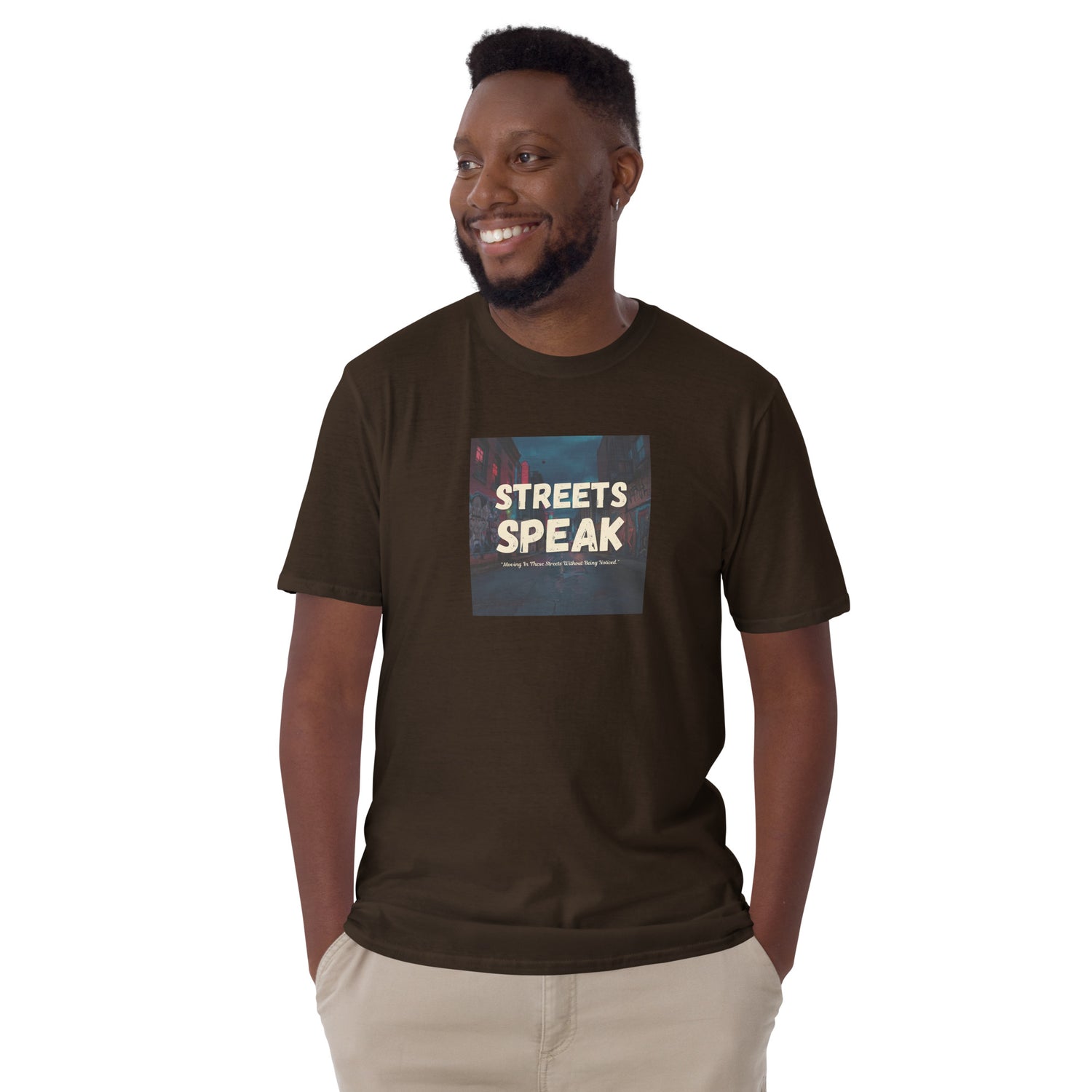 Dark chocolate unisex short-sleeve T-shirt with “STREETS SPEAK” front graphic