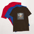 Brown unisex T-shirt with square “Get out of our town” graphic; navy and blue behind