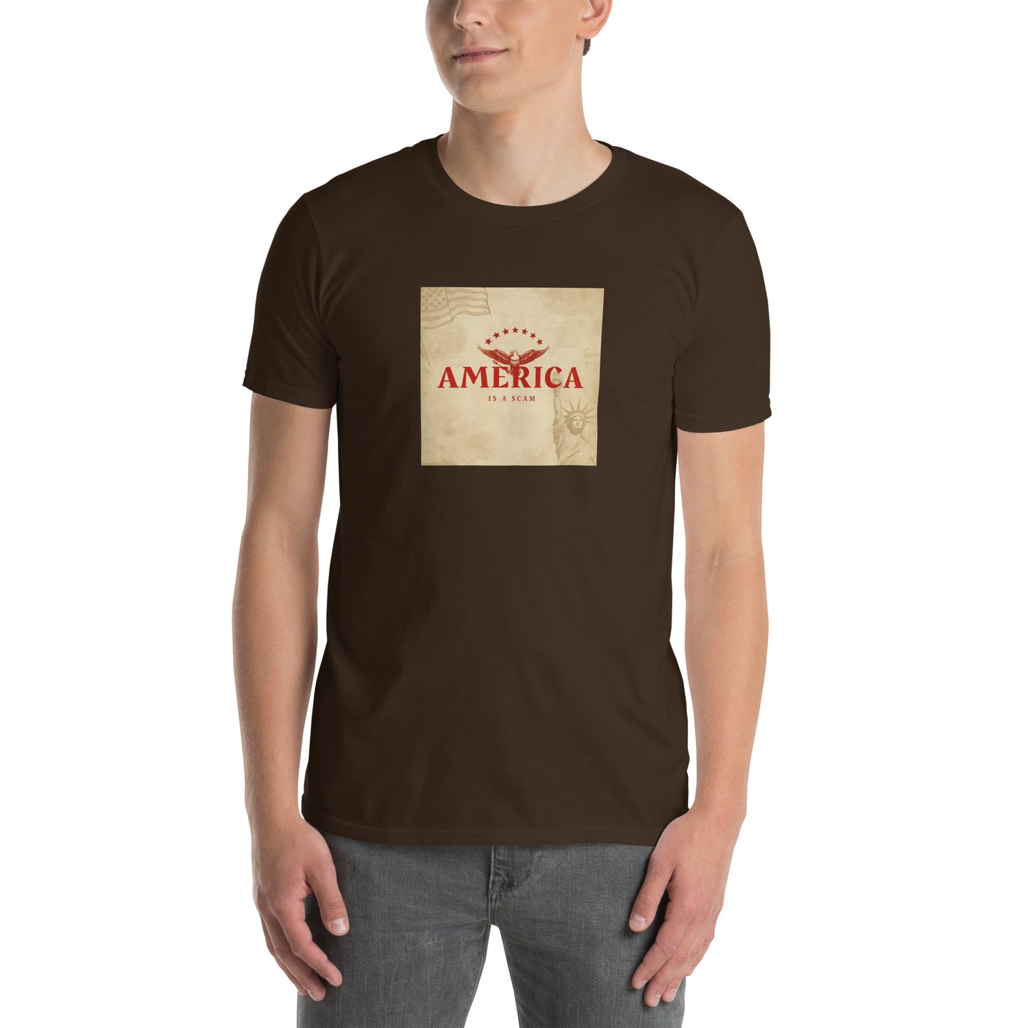 America Is A Scam T-shirt, dark chocolate, front graphic print