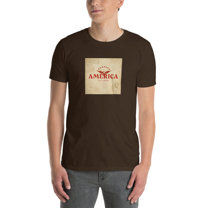 America Is A Scam T-shirt, dark chocolate, front graphic print