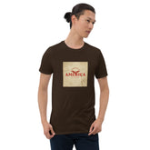 Unisex dark brown graphic tee with square “AMERICA” print centered on chest