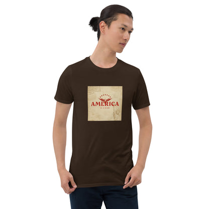 Unisex dark brown graphic tee with square “AMERICA” print centered on chest