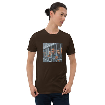 Dark brown graphic crew-neck T-shirt with front photo of a man behind bars