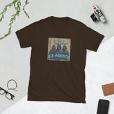 Dark chocolate crewneck graphic tee with square front print reading "ICE AGENTS"