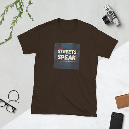 Dark brown crewneck graphic tee with square “STREETS SPEAK” front print