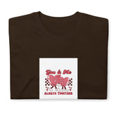 Dark brown graphic tee with “You & Me” pink couple and checker heart design
