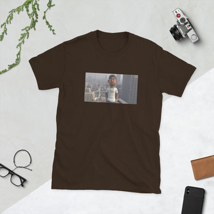 Brown graphic streetwear T-shirt with front photo print rectangle design