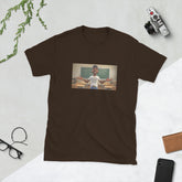 Dark chocolate short-sleeve graphic tee with centered photo-style print