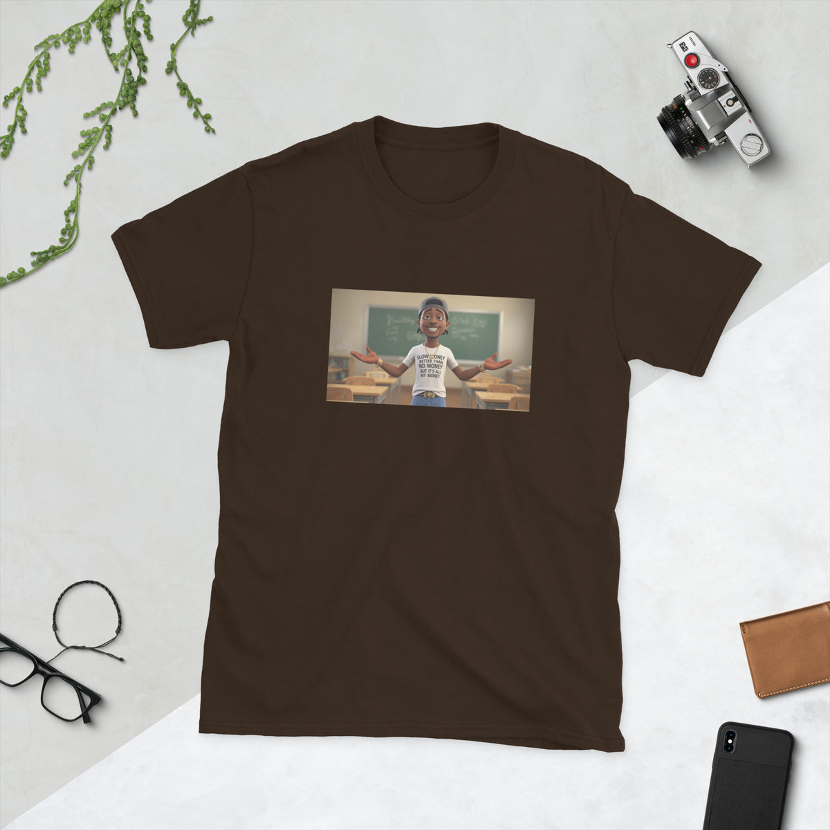 Dark chocolate short-sleeve graphic tee with centered photo-style print