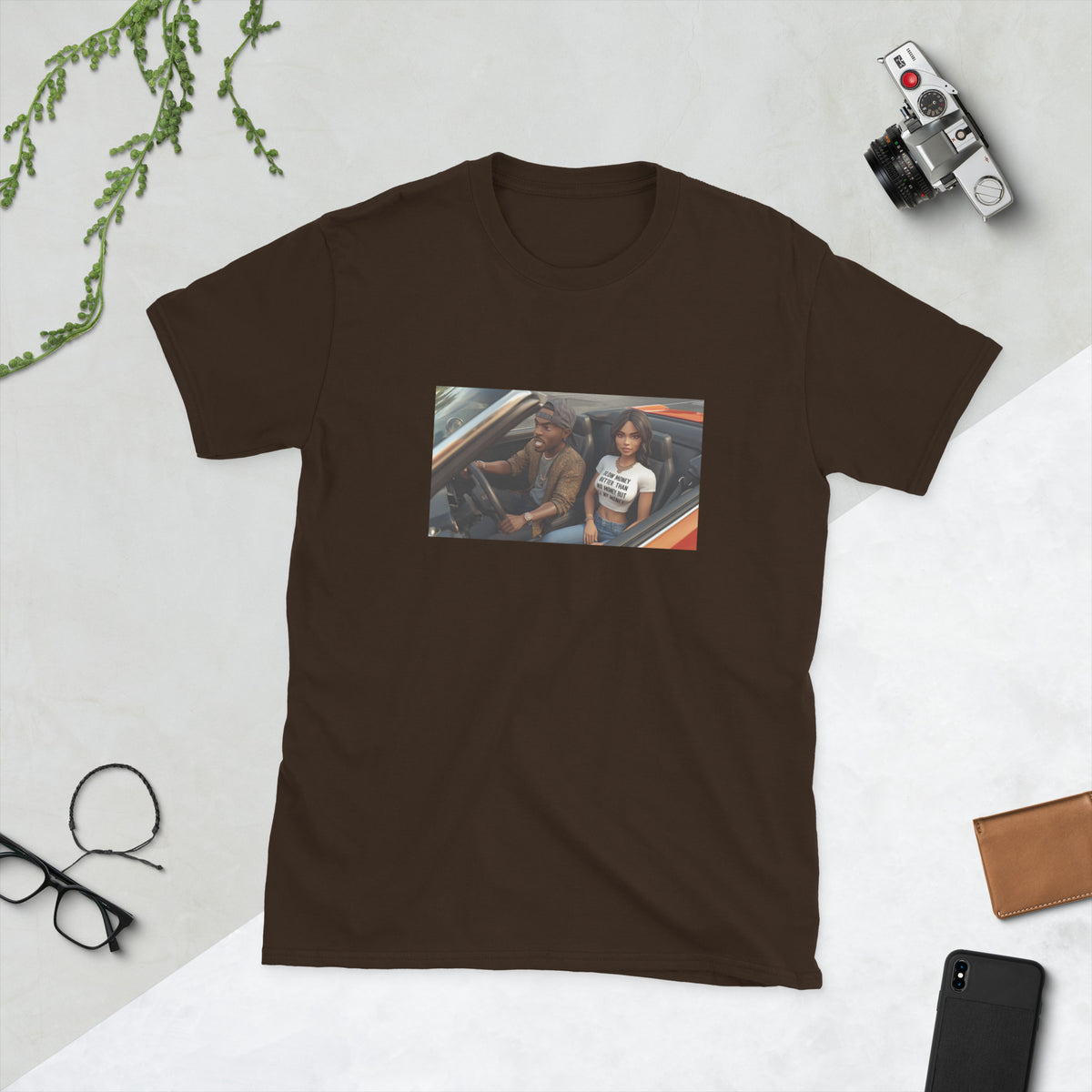 Graphic tee in dark brown with rectangular photo-style front print